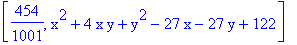 [454/1001, x^2+4*x*y+y^2-27*x-27*y+122]